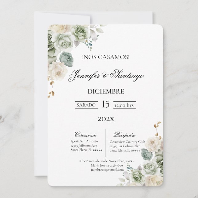 Invitación Boda floral verde sabio (Anverso)