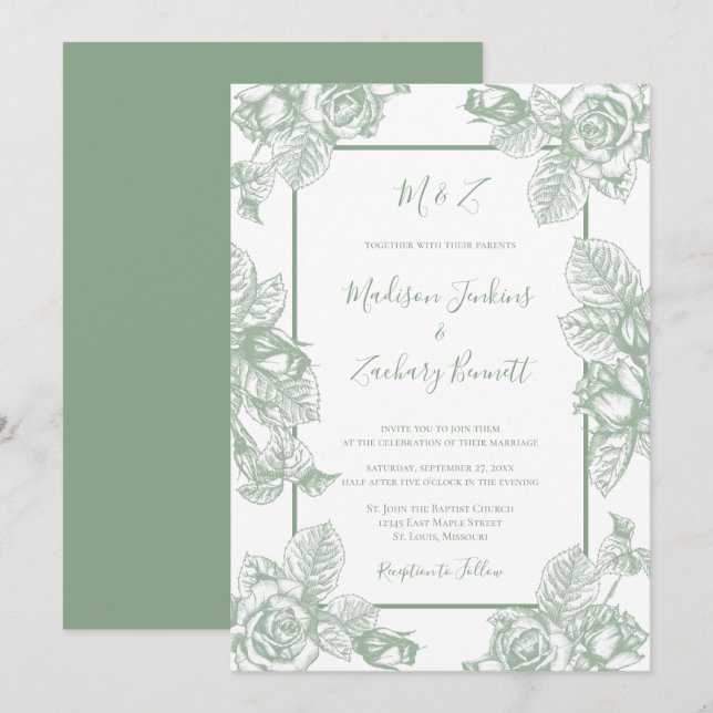 Invitación Boda floral verde salvia (Anverso / Reverso)