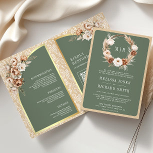 Invitación Boda Floral Verde Salvia Terroso Beige Pampas