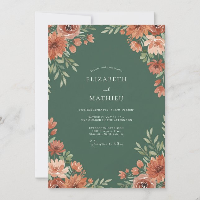 Invitación Boda floral verde terracota (Anverso)