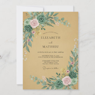 Invitación Boda Floral Verde Tono Rosa Menta