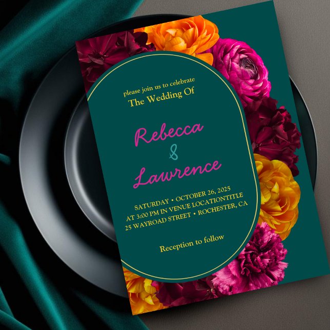 Invitación Boda floral verde verde rosa caliente amarillo mod (Subido por el creador)