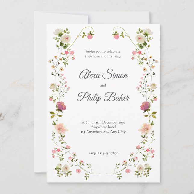 Invitación Boda floral verde y blanca (Anverso)