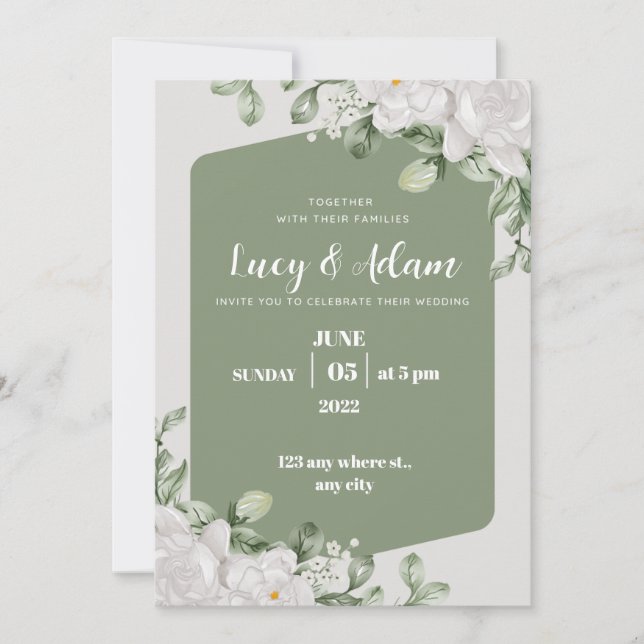 Invitación boda floral verde y blanco (Anverso)