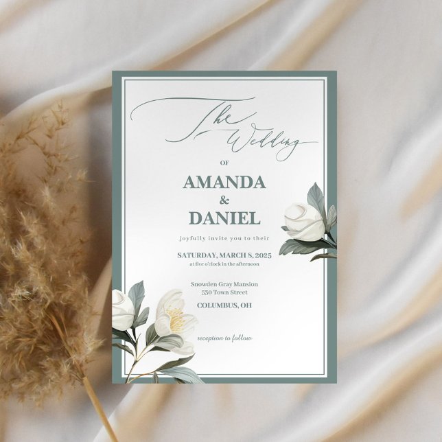 Invitación Boda floral verde y blanco clásico sabio (Subido por el creador)