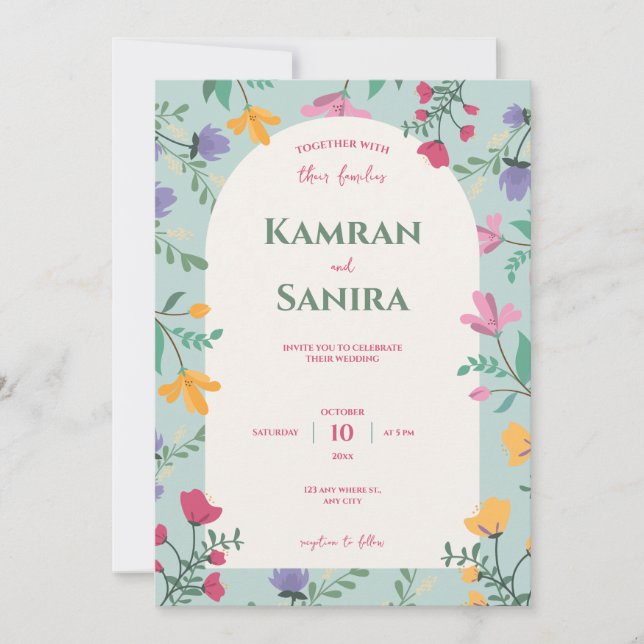 Invitación Boda floral verde y crema (Anverso)