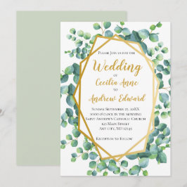Invitación Boda floral verde y eucalipto con marco dorado