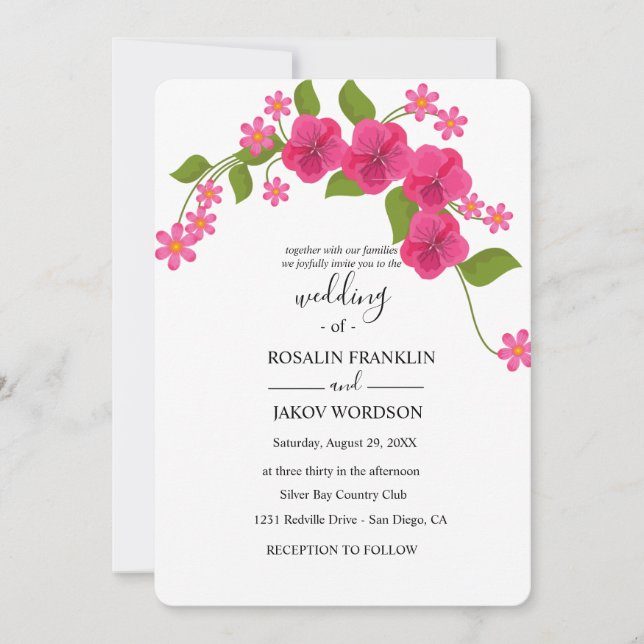 Invitación boda floral verde y magenta claro (Anverso)
