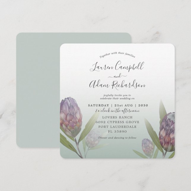 Invitación Boda floral verde y morado de sabio tropical (Anverso / Reverso)