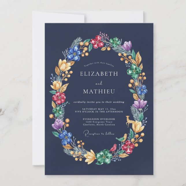Invitación Boda floral vibrante azul marino (Anverso)