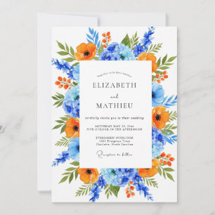 Invitación Boda floral vibrante azul naranja