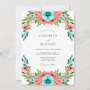 Invitación Boda floral vibrante coral azul turquesa
