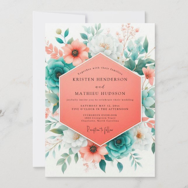Invitación Boda Floral Vibrante Coral Turquesa (Anverso)