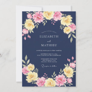 Invitación Boda floral vibrante de amarillo y azul marino