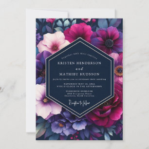 Invitación Boda floral vibrante de azul marino y magenta