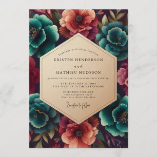 Invitación Boda floral vibrante de azul verdoso y carmesí