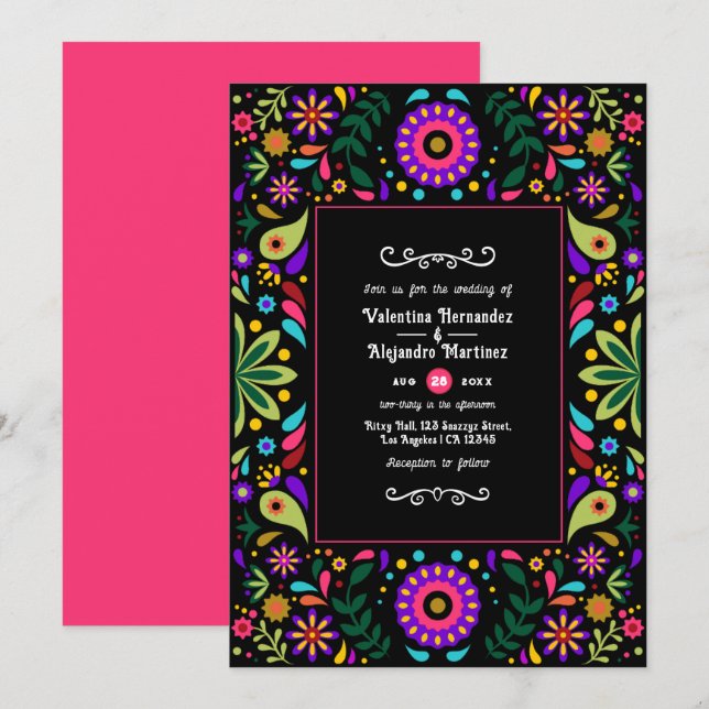 Invitación Boda floral vibrante de la fiesta mexicana (Anverso / Reverso)