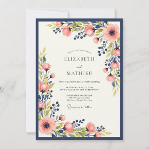Invitación Boda floral vibrante de primavera azul marino melo