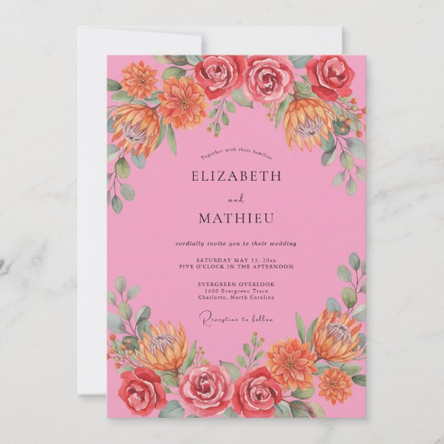 Invitación Boda floral vibrante de rosa (Anverso)