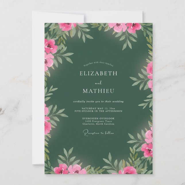 Invitación Boda floral vibrante de verde bosque (Anverso)
