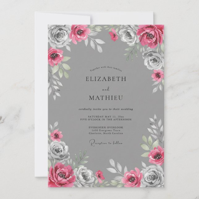 Invitación Boda floral vibrante gris (Anverso)