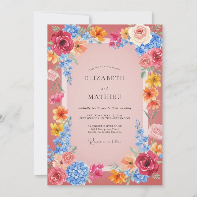 Invitación Boda floral vibrante rosa (Anverso)