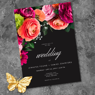 Invitación Boda floral vibrante rosa negro de lujo melancólic