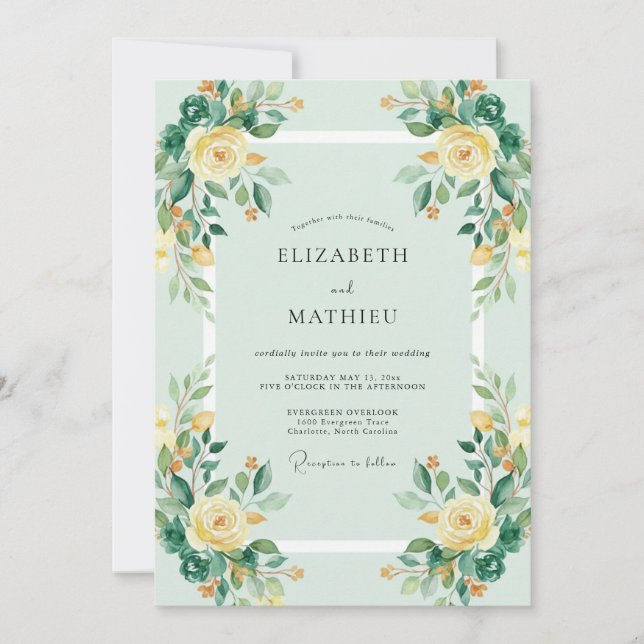 Invitación Boda floral vibrante verde menta (Anverso)