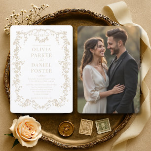 Invitación Boda floral victoriana con foto en dorado champán