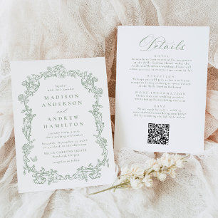 Invitación Boda floral victoriana en verde salvia todo en uno