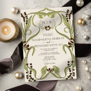 Invitación Boda Floral Vintage Art Nouveau Café Espresso