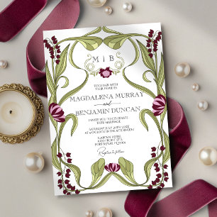 Invitación Boda floral vintage Art Nouveau rosa Borgoña