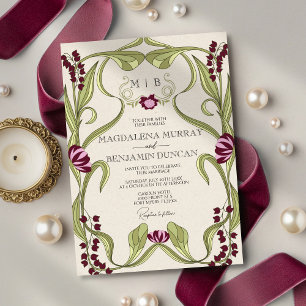 Invitación Boda floral vintage Art Nouveau rosa Borgoña