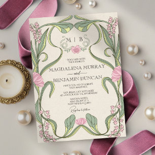 Invitación Boda floral vintage art nouveau rosa rubor salvia