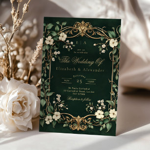 Invitación Boda floral vintage Art Nouveau verde y dorado