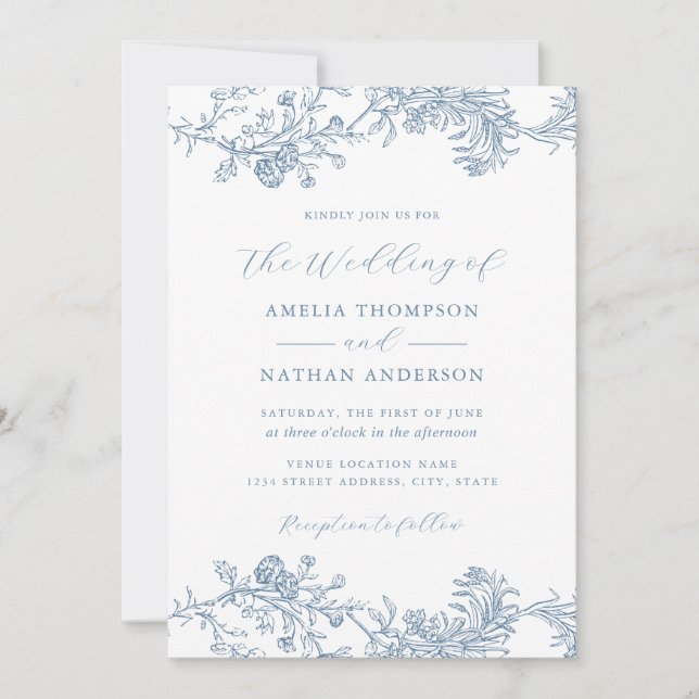 Invitación Boda Floral Vintage Azul (Anverso)