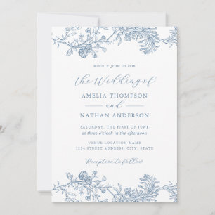 Invitación Boda Floral Vintage Azul