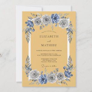 Invitación Boda Floral Vintage Azul Pizarra Mostaza