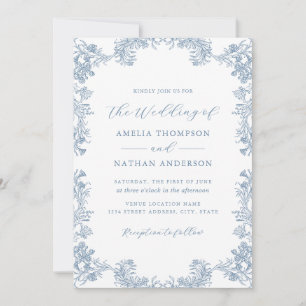 Invitación Boda Floral Vintage Azul Polvo