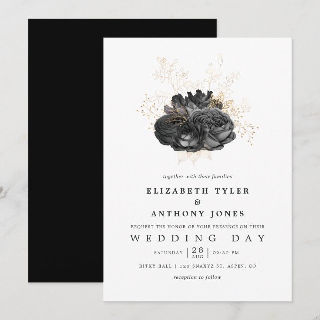 Invitación Boda Floral Vintage Black and Gold (Anverso / Reverso)