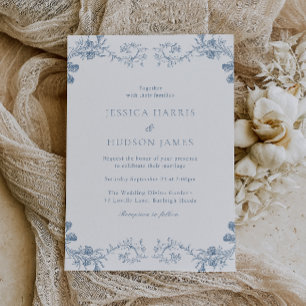 Invitación Boda Floral Vintage Blue Classic Elegance