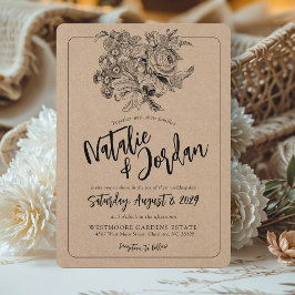 Invitación Boda Floral Vintage Boho Botánico Kraft Rústico