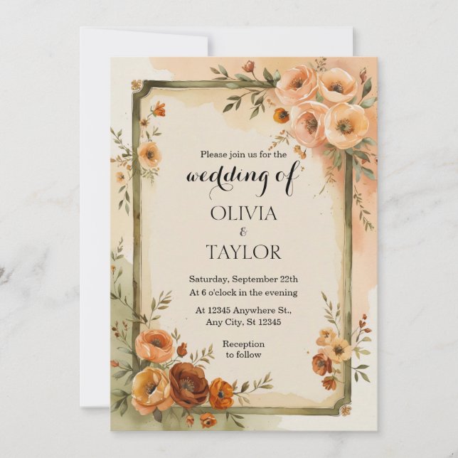 Invitación Boda Floral Vintage cálido (Anverso)
