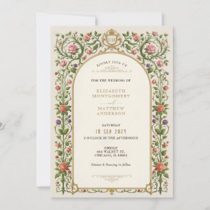 Invitación Boda floral vintage con rosas y dorado ornamentado