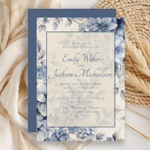 Invitación Boda floral vintage crema azul romántico