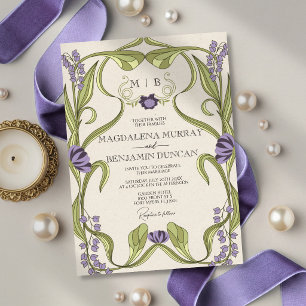 Invitación Boda floral vintage de arte nuevo lila púrpura