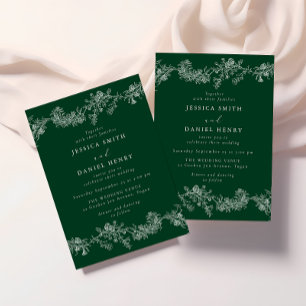 Invitación Boda floral vintage de esmeralda verde y blanco