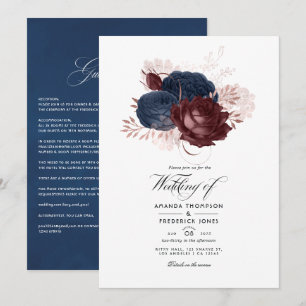 Invitación Boda floral vintage de navío, granate y oro rosa