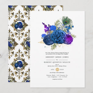 Invitación Boda Floral Vintage de Pavo Real en Azul Marino y