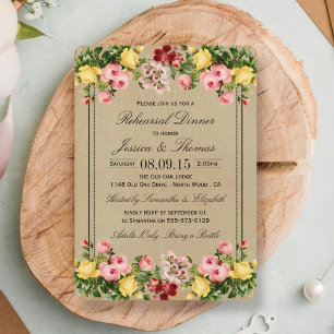 Invitación Boda floral vintage Ensayo Cena